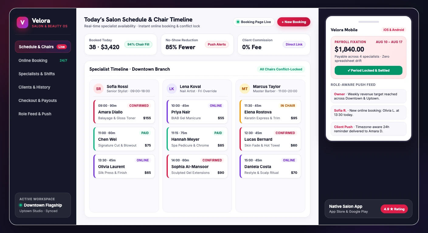 सैलून और ब्यूटी बिज़नेस प्लेटफ़ॉर्म — AI शेड्यूलिंग एजेंट automated business dashboard interface
